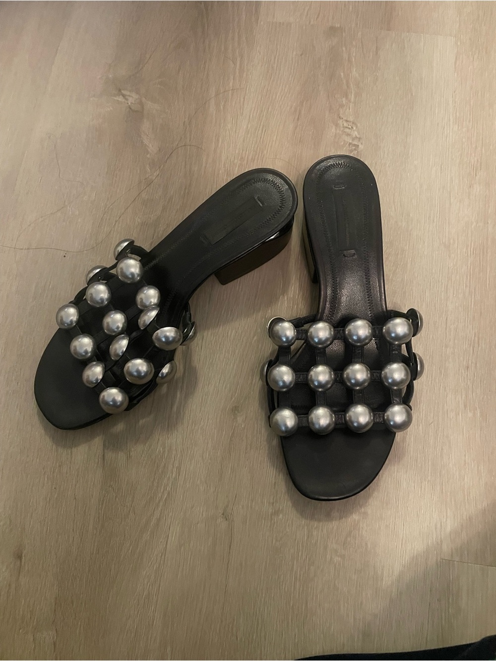 Alexander Wang Black Slide Mules with Silver Orb Studs